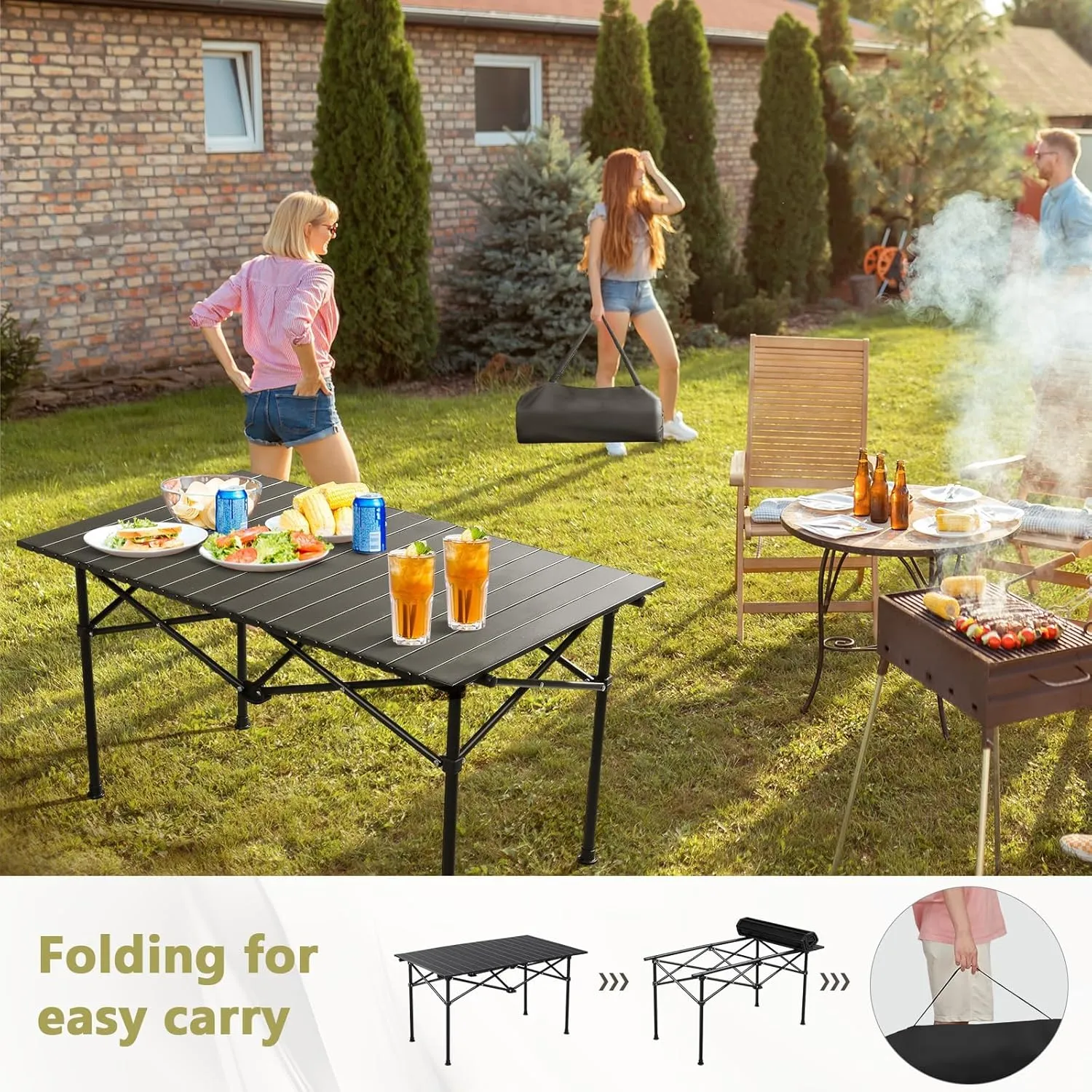 Compact Camping Table, Lightweight Aluminum Folding Table with Carry Bag, Ideal for Picnic, Travel, BBQ, and Outdoor Cooking Black 50×53×50cm/19.7×20.9×19.7in