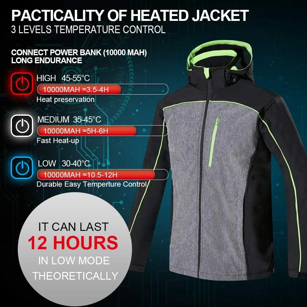 CONQUECO Men's Heated Jacket Soft Shell Hoodie Jacket w/Battery for Outdoors
