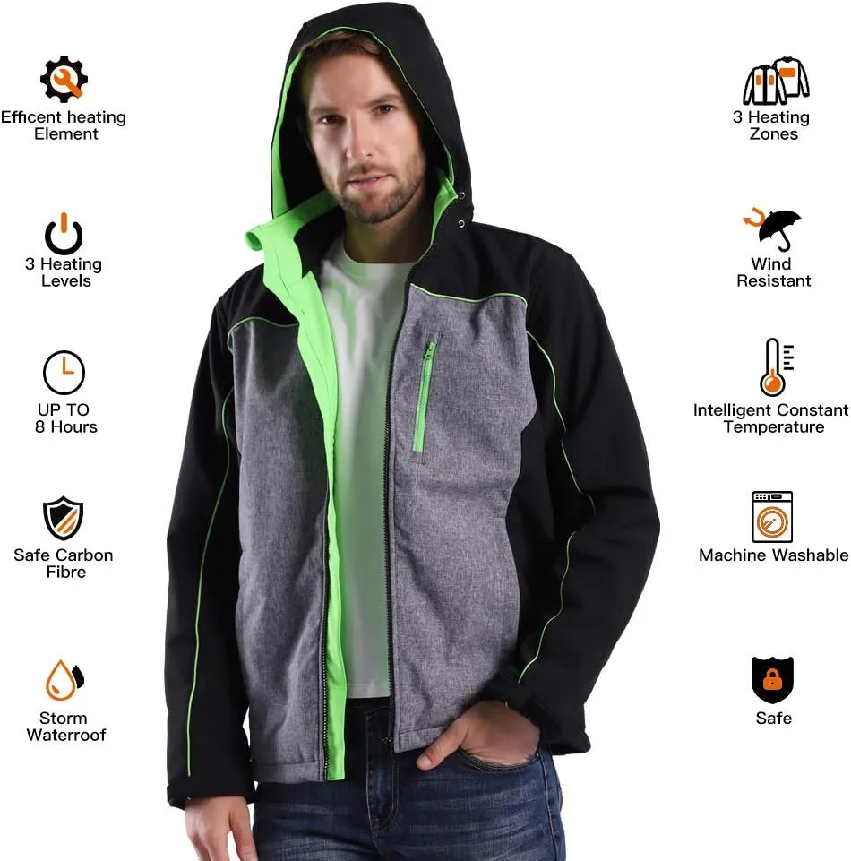 CONQUECO Men's Heated Jacket Soft Shell Hoodie Jacket w/Battery for Outdoors