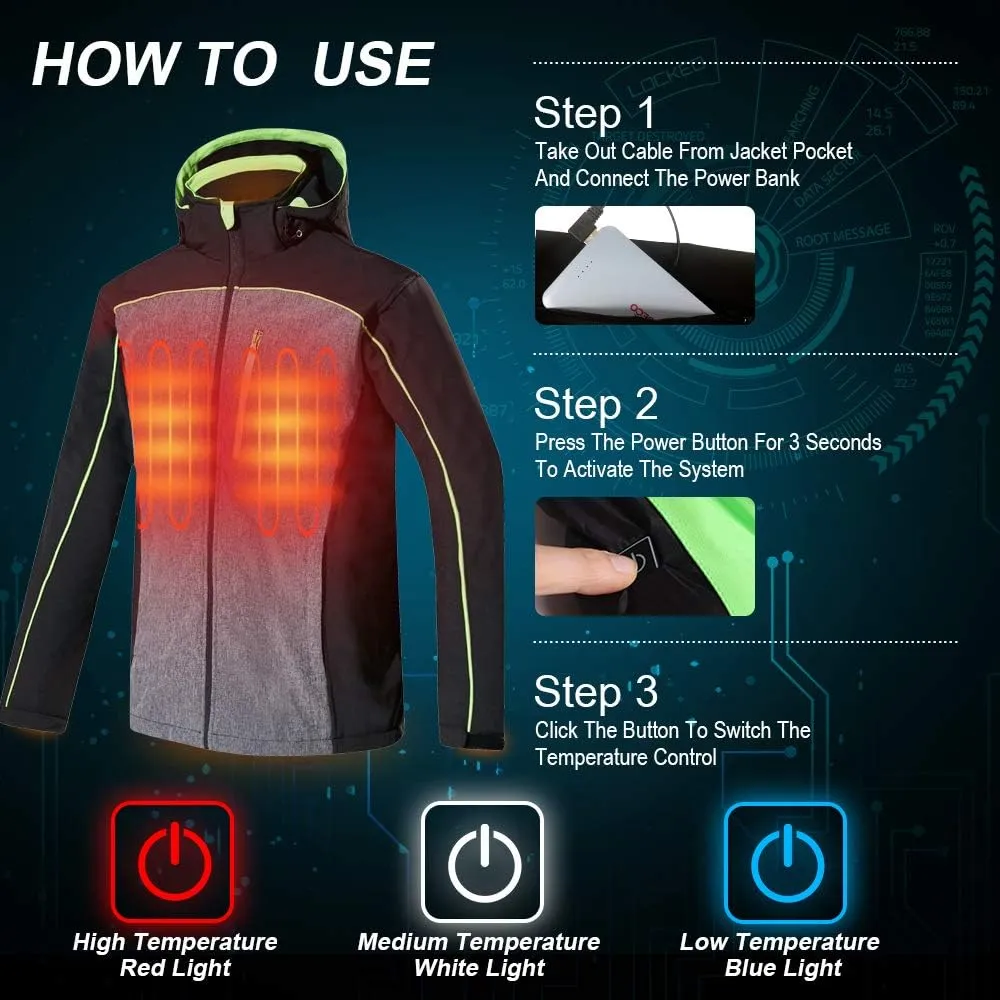CONQUECO Men's Heated Jacket Soft Shell Hoodie Jacket w/Battery for Outdoors
