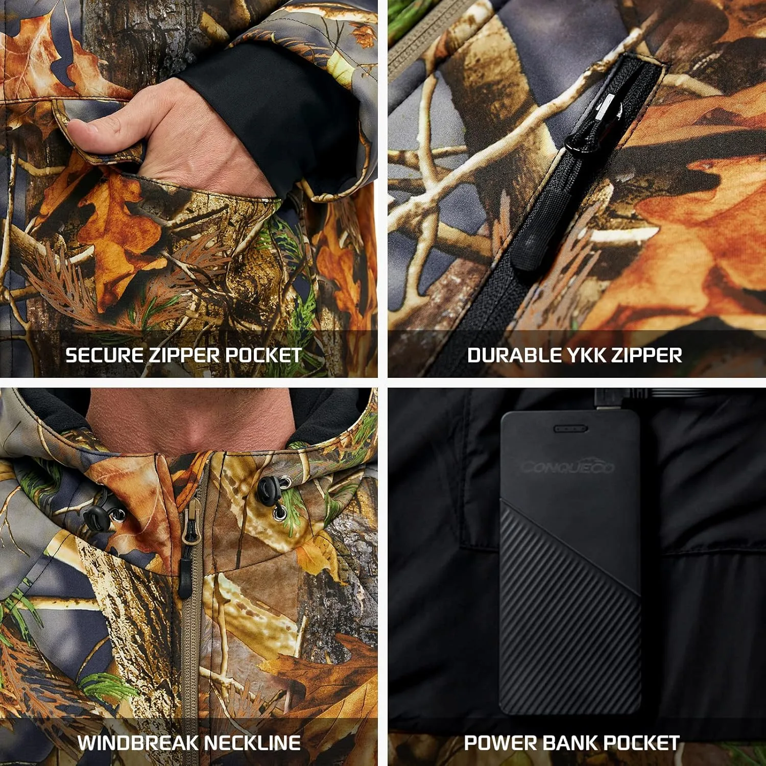 CONQUECO Men's Soft Shell Heated Jacket Waterproof Camo Hunting Hoodie Jacket with Battery Pack