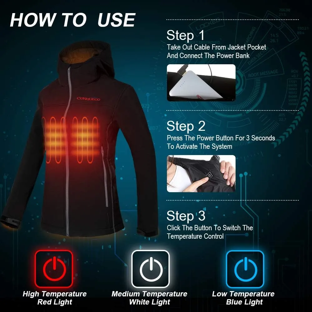 CONQUECO Women's Heated Jacket Slim Fit Electric Hoodie Jacket in Winter