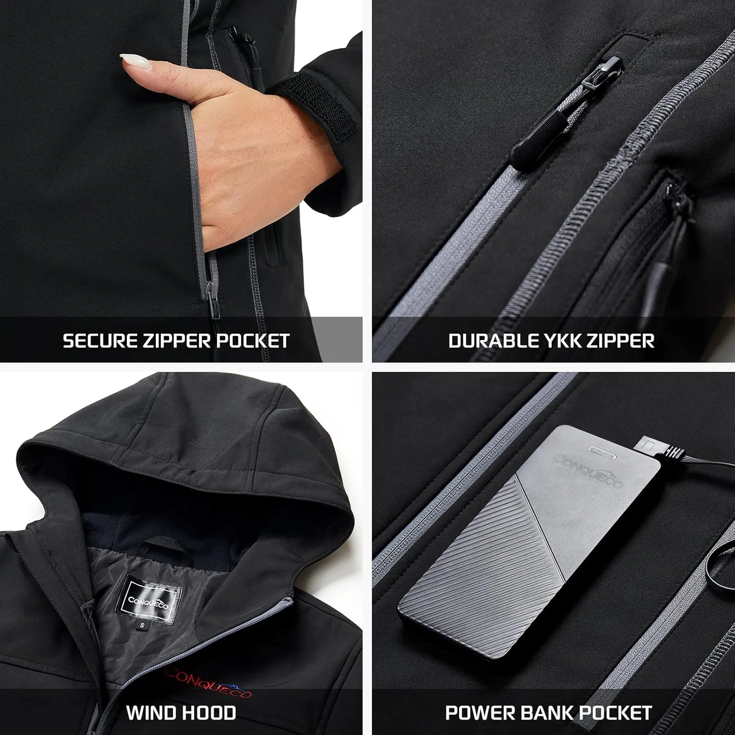 CONQUECO Women's Heated Jacket Slim Fit Electric Hoodie Jacket in Winter