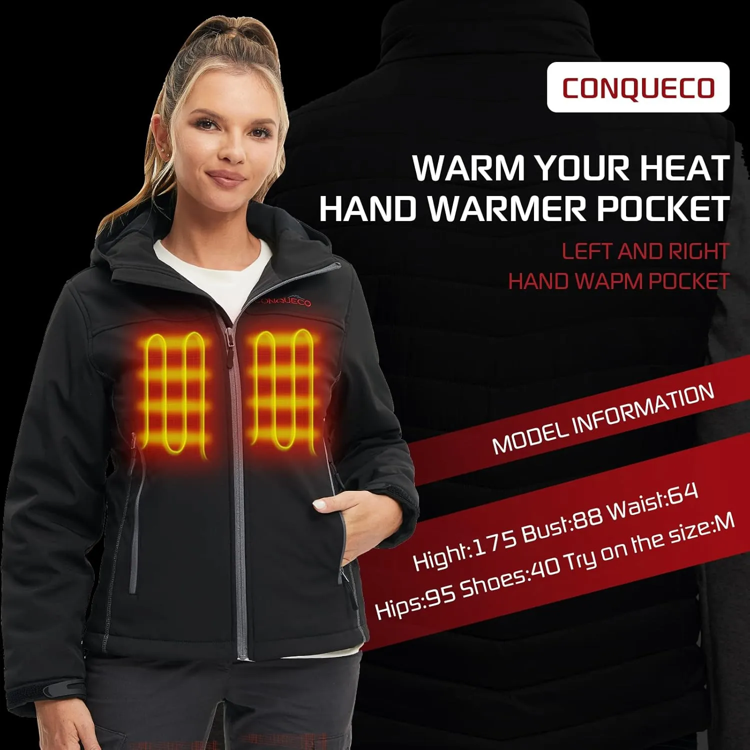 CONQUECO Women's Heated Jacket Slim Fit Electric Hoodie Jacket in Winter