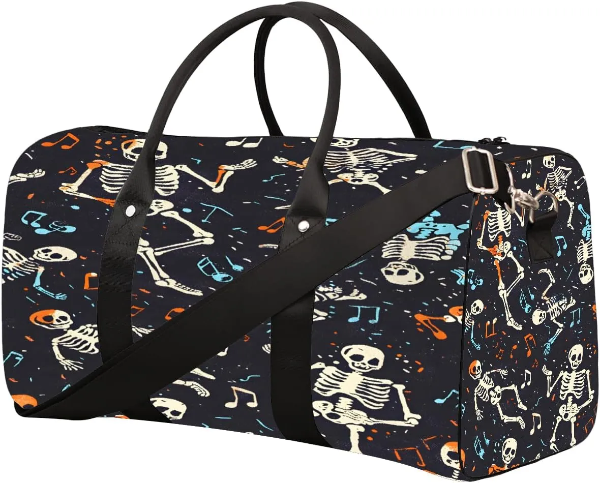 Cool Music Skull Travel Duffel Bag for Women Men Small Sport Gym Bag Waterproof Weekender Overnight Lightweight Carry on Foldable Gym Bag for Training Swim Yoga Traveling Handbag