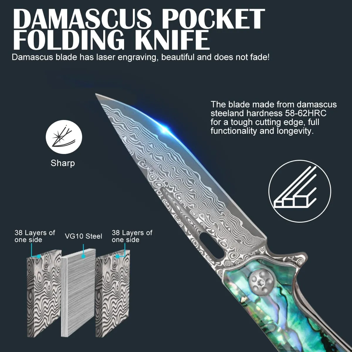 Cottonbell Damascus Pocket Knife with Clip Unique Abalone Seashells Handle Folding Knives for Men EDC Knife with Safety Liner Lock,Survival Knife for Camping Fishing Hiking Hunting Gift