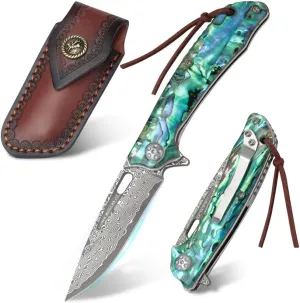 Cottonbell Damascus Pocket Knife with Clip Unique Abalone Seashells Handle Folding Knives for Men EDC Knife with Safety Liner Lock,Survival Knife for Camping Fishing Hiking Hunting Gift