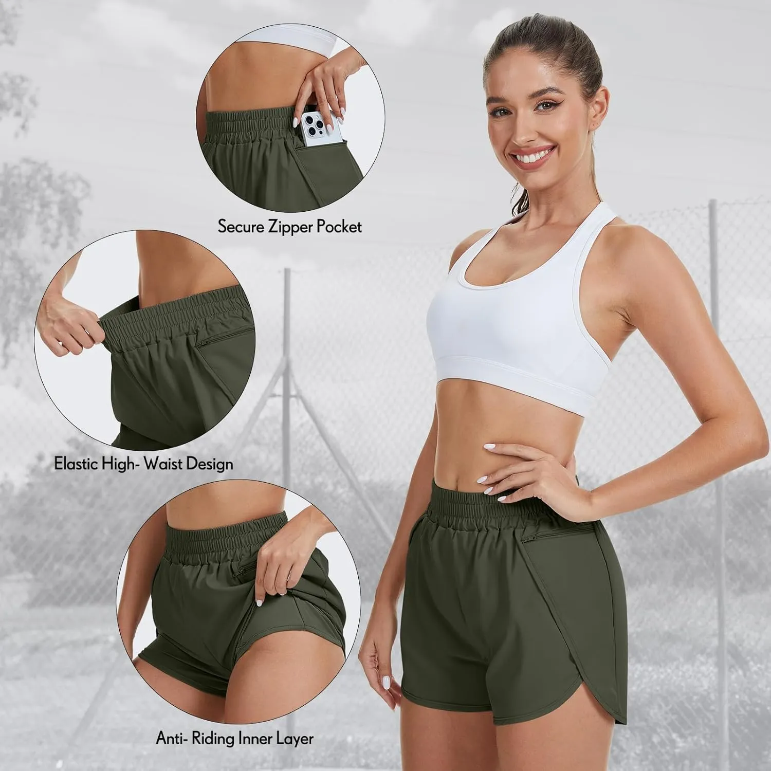 Coume 3 Pack Women's Running Shorts with Pockets Quick Dry Elastic Waist Athletic Workout Gym 1.75" Shorts with Liner