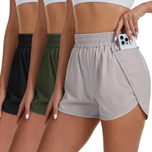 Coume 3 Pack Women's Running Shorts with Pockets Quick Dry Elastic Waist Athletic Workout Gym 1.75" Shorts with Liner