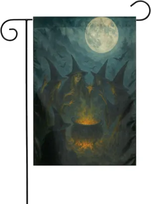 Coven In The Moonlit Night Garden Flags Premium Landscape Art Design Yard Flag Outdoor Farmhouse Decor Home Porch Flags 12"X18"