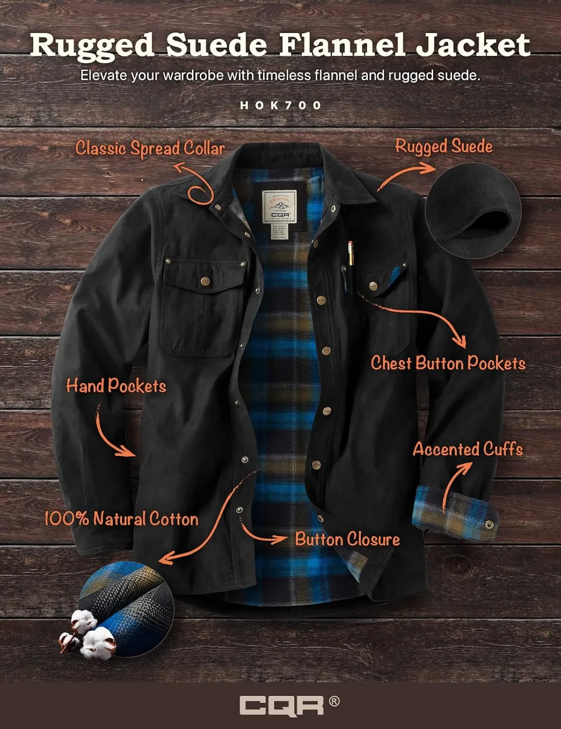 CQR Men's Flannel Lined Shirt Jackets, Long Sleeved Rugged Plaid Cotton Brushed Suede Shirt Jacket