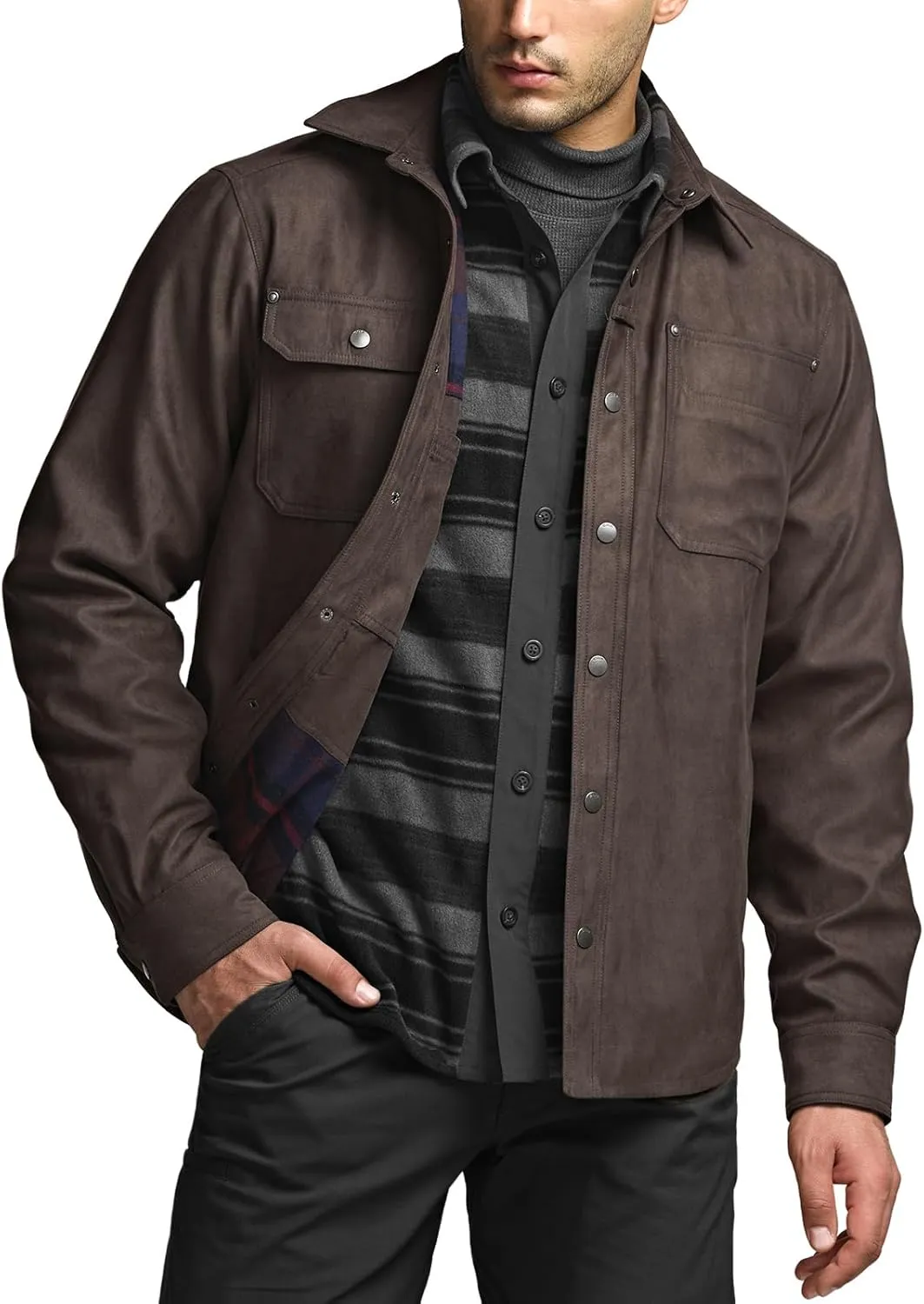 CQR Men's Flannel Lined Shirt Jackets, Long Sleeved Rugged Plaid Cotton Brushed Suede Shirt Jacket