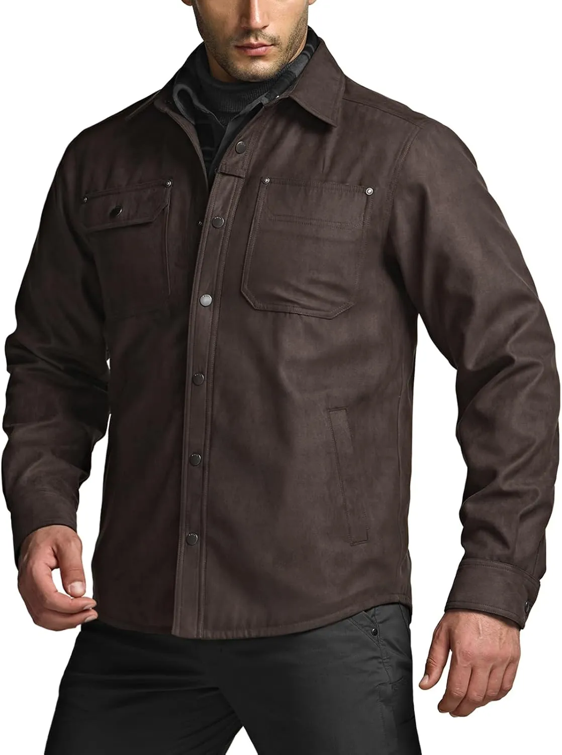 CQR Men's Flannel Lined Shirt Jackets, Long Sleeved Rugged Plaid Cotton Brushed Suede Shirt Jacket