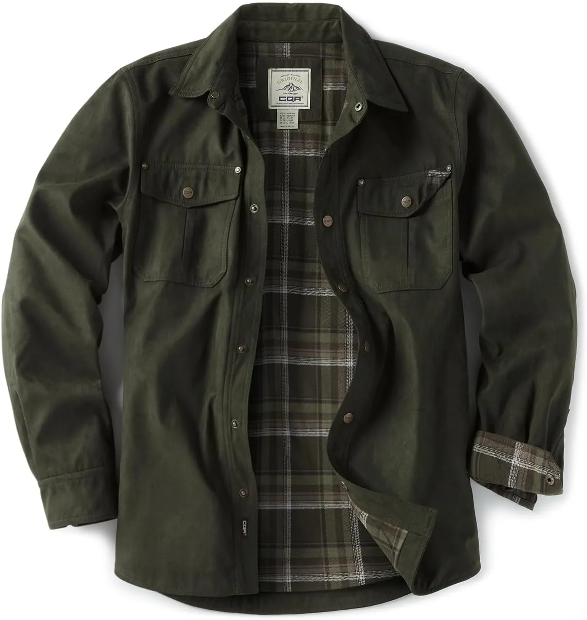 CQR Men's Flannel Lined Shirt Jackets, Long Sleeved Rugged Plaid Cotton Brushed Suede Shirt Jacket