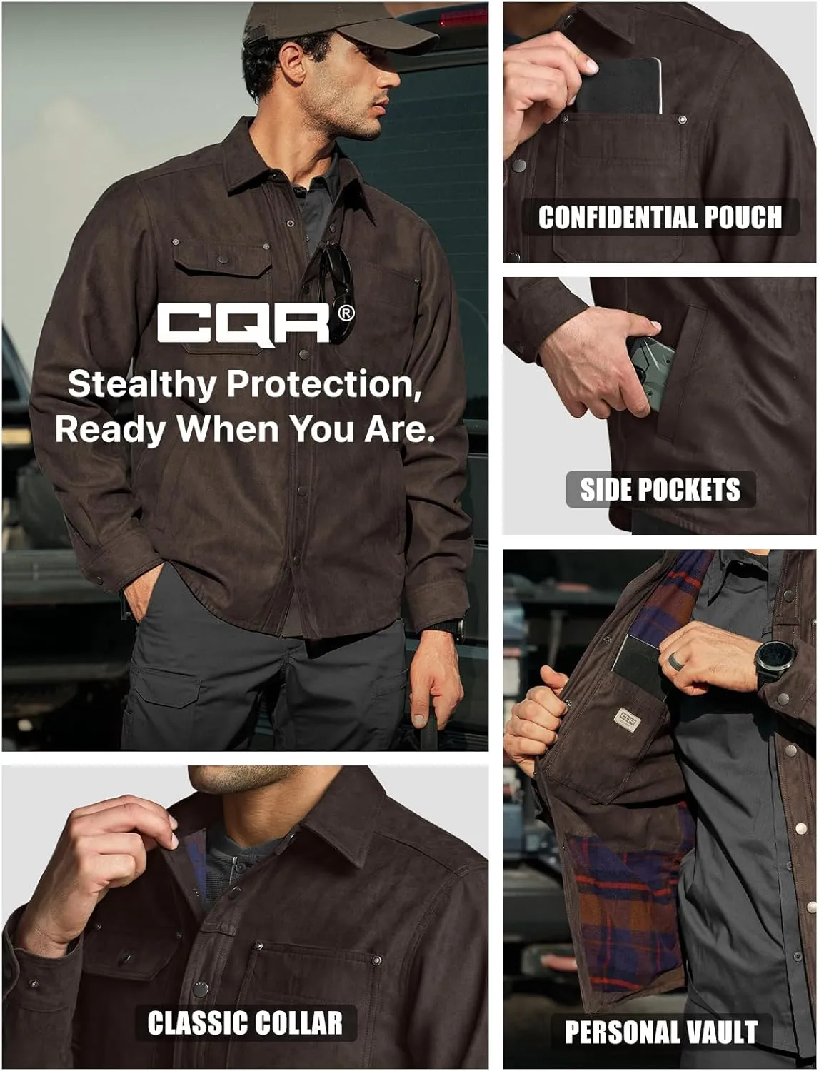 CQR Men's Flannel Lined Shirt Jackets, Long Sleeved Rugged Plaid Cotton Brushed Suede Shirt Jacket