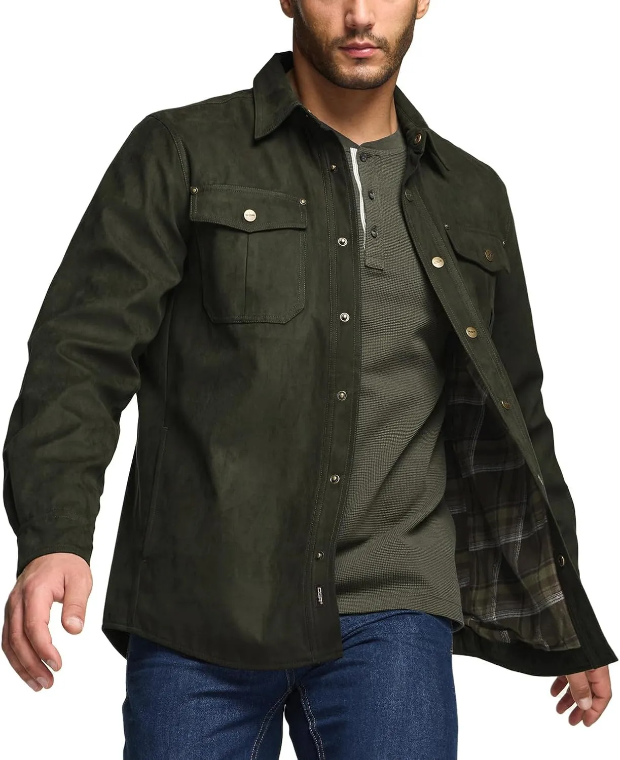 CQR Men's Flannel Lined Shirt Jackets, Long Sleeved Rugged Plaid Cotton Brushed Suede Shirt Jacket