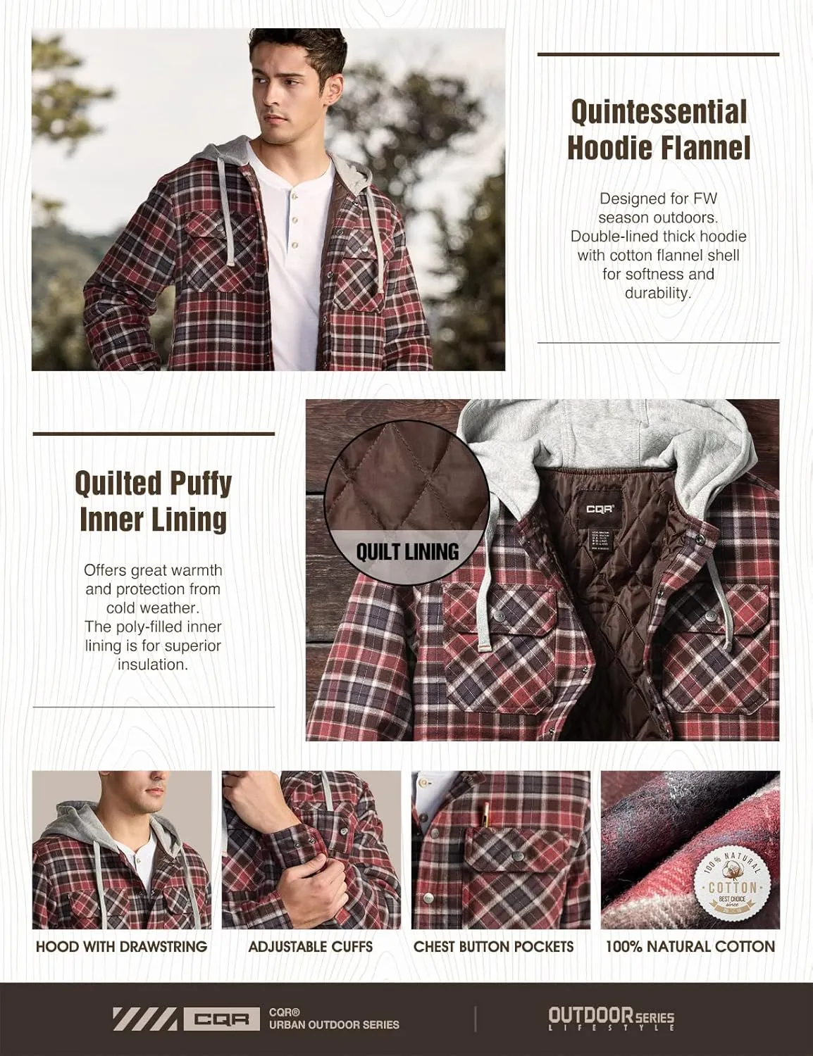 CQR Men's Quilted Lined Flannel Hooded Shirt Jacket, Soft Warm Long Sleeve Outdoor Cotton Plaid Shirt Jackets