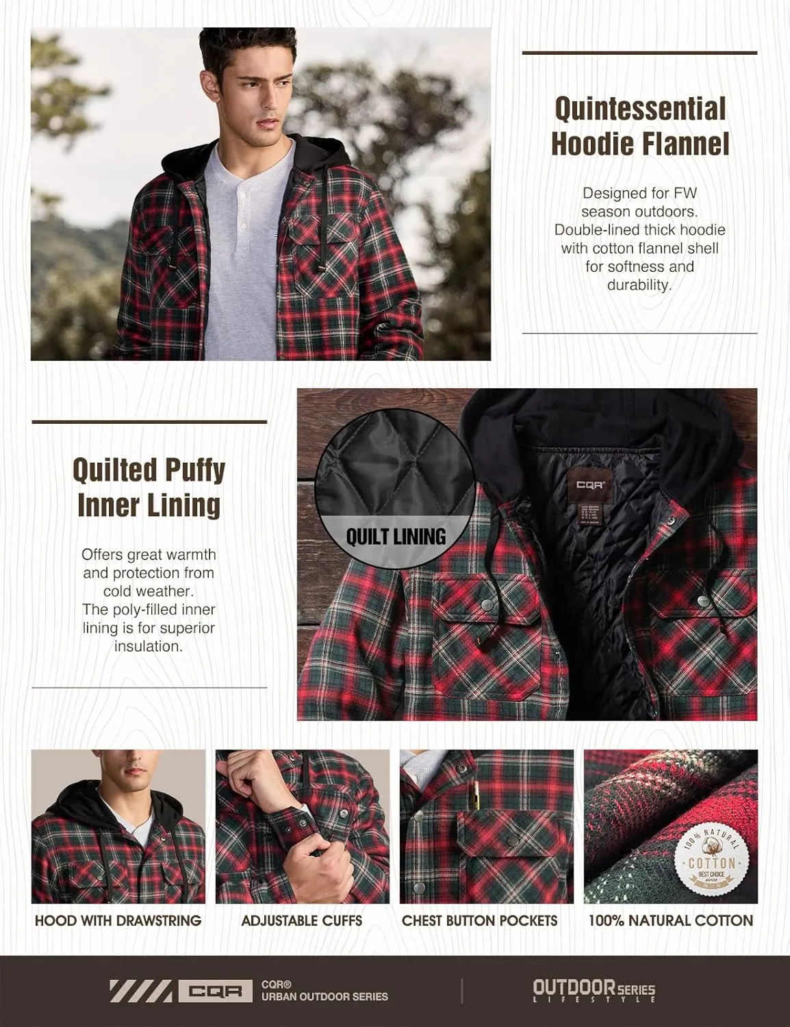 CQR Men's Quilted Lined Flannel Hooded Shirt Jacket, Soft Warm Long Sleeve Outdoor Cotton Plaid Shirt Jackets