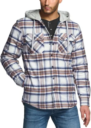 CQR Men's Quilted Lined Flannel Hooded Shirt Jacket, Soft Warm Long Sleeve Outdoor Cotton Plaid Shirt Jackets