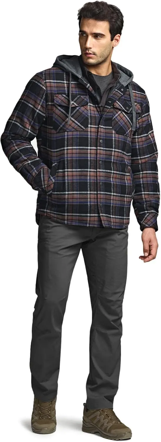 CQR Men's Quilted Lined Flannel Hooded Shirt Jacket, Soft Warm Long Sleeve Outdoor Cotton Plaid Shirt Jackets