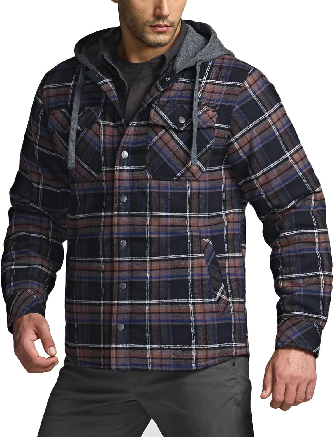 CQR Men's Quilted Lined Flannel Hooded Shirt Jacket, Soft Warm Long Sleeve Outdoor Cotton Plaid Shirt Jackets