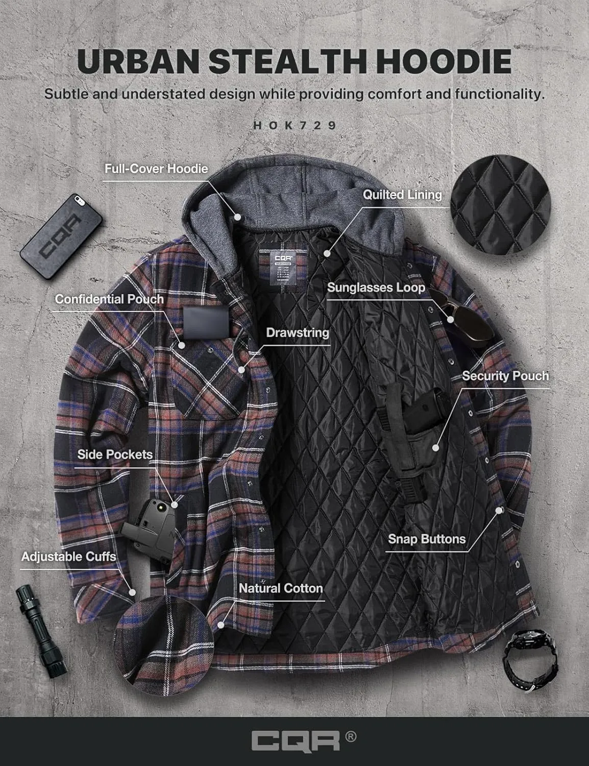 CQR Men's Quilted Lined Flannel Hooded Shirt Jacket, Soft Warm Long Sleeve Outdoor Cotton Plaid Shirt Jackets