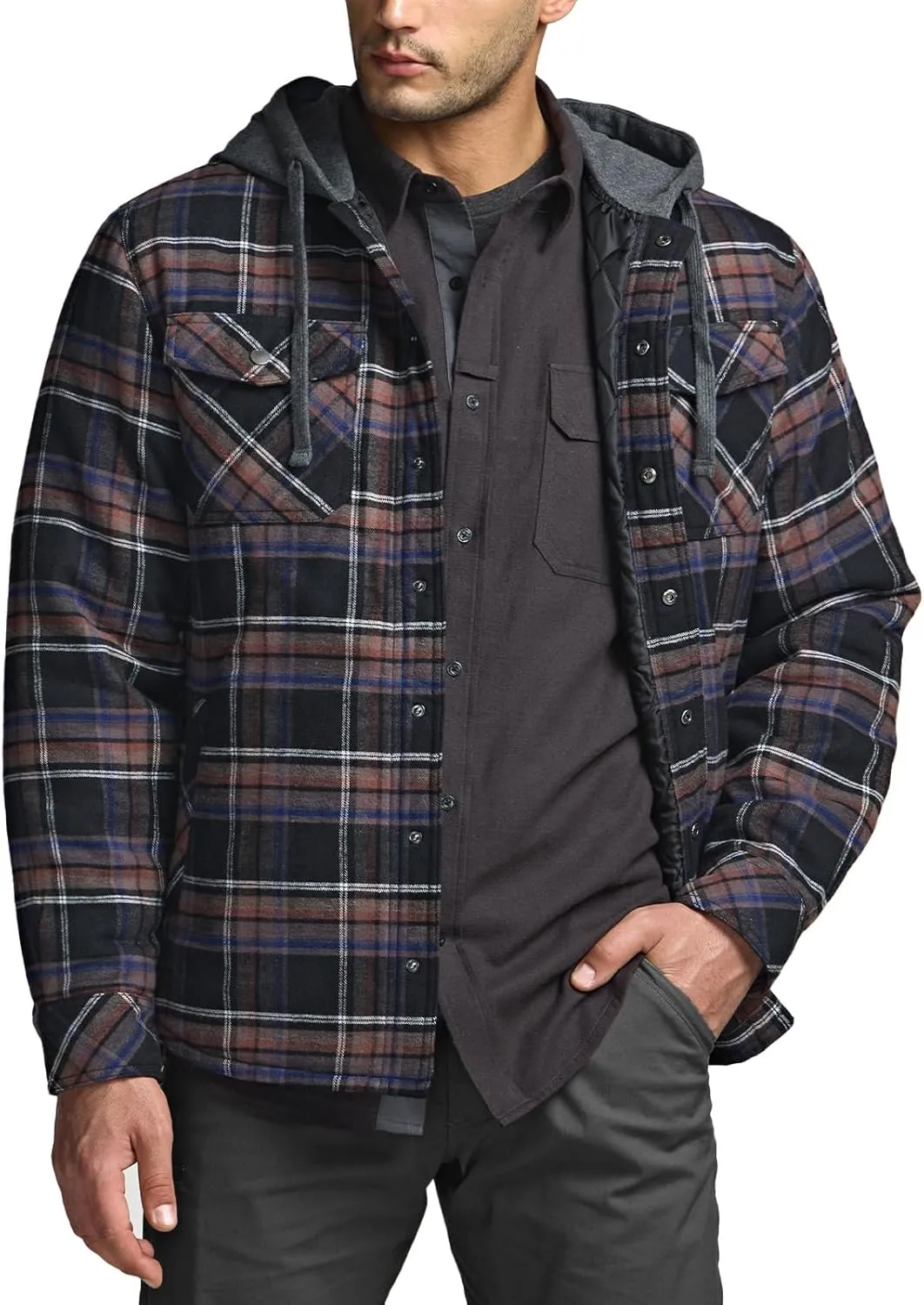 CQR Men's Quilted Lined Flannel Hooded Shirt Jacket, Soft Warm Long Sleeve Outdoor Cotton Plaid Shirt Jackets