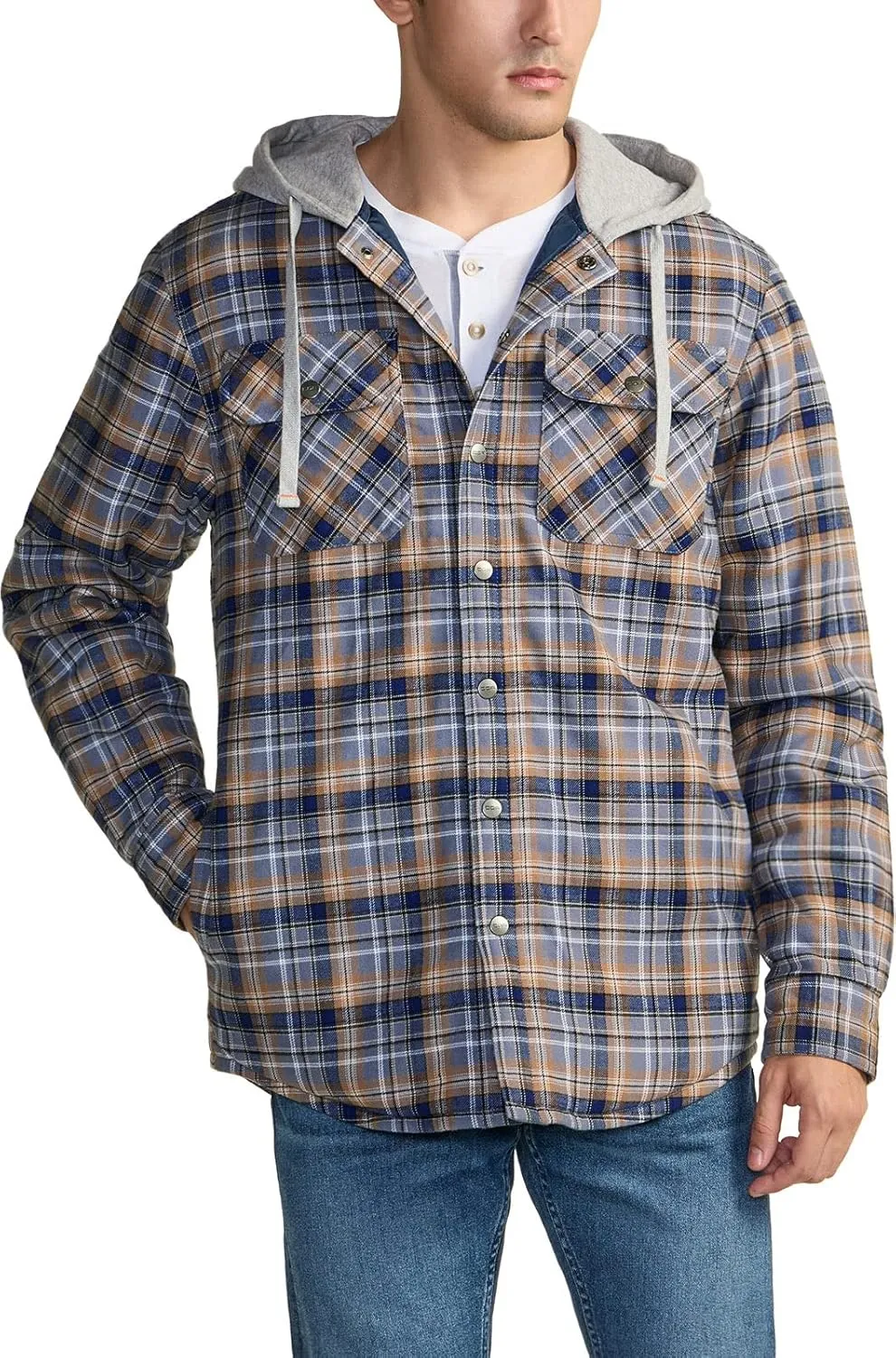 CQR Men's Quilted Lined Flannel Hooded Shirt Jacket, Soft Warm Long Sleeve Outdoor Cotton Plaid Shirt Jackets