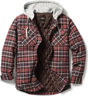 CQR Men's Quilted Lined Flannel Hooded Shirt Jacket, Soft Warm Long Sleeve Outdoor Cotton Plaid Shirt Jackets