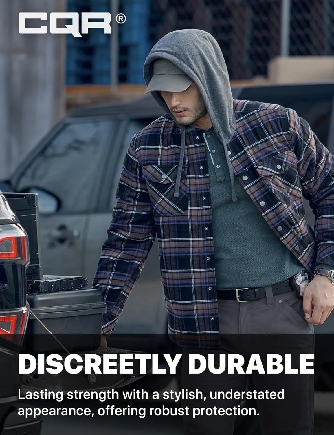 CQR Men's Quilted Lined Flannel Hooded Shirt Jacket, Soft Warm Long Sleeve Outdoor Cotton Plaid Shirt Jackets