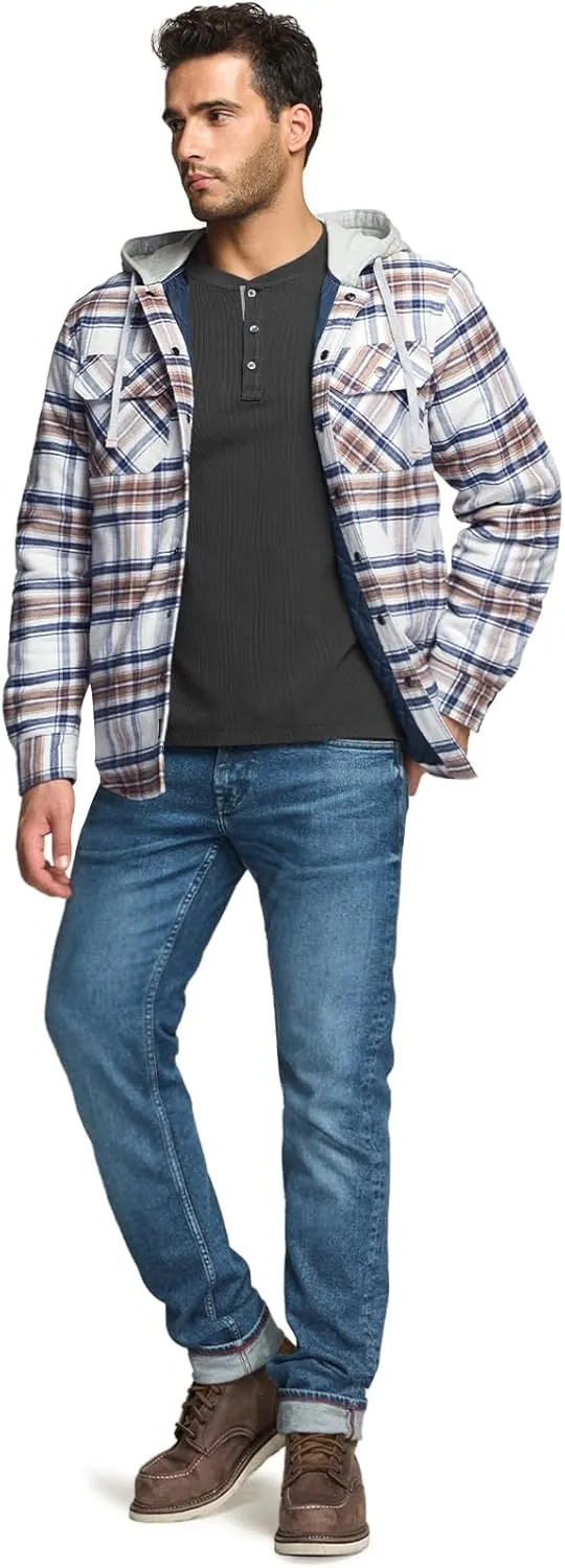 CQR Men's Quilted Lined Flannel Hooded Shirt Jacket, Soft Warm Long Sleeve Outdoor Cotton Plaid Shirt Jackets