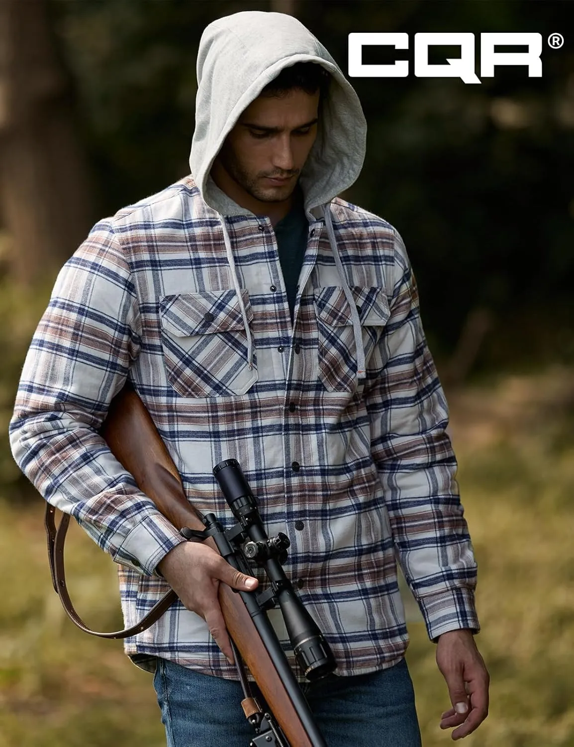 CQR Men's Quilted Lined Flannel Hooded Shirt Jacket, Soft Warm Long Sleeve Outdoor Cotton Plaid Shirt Jackets