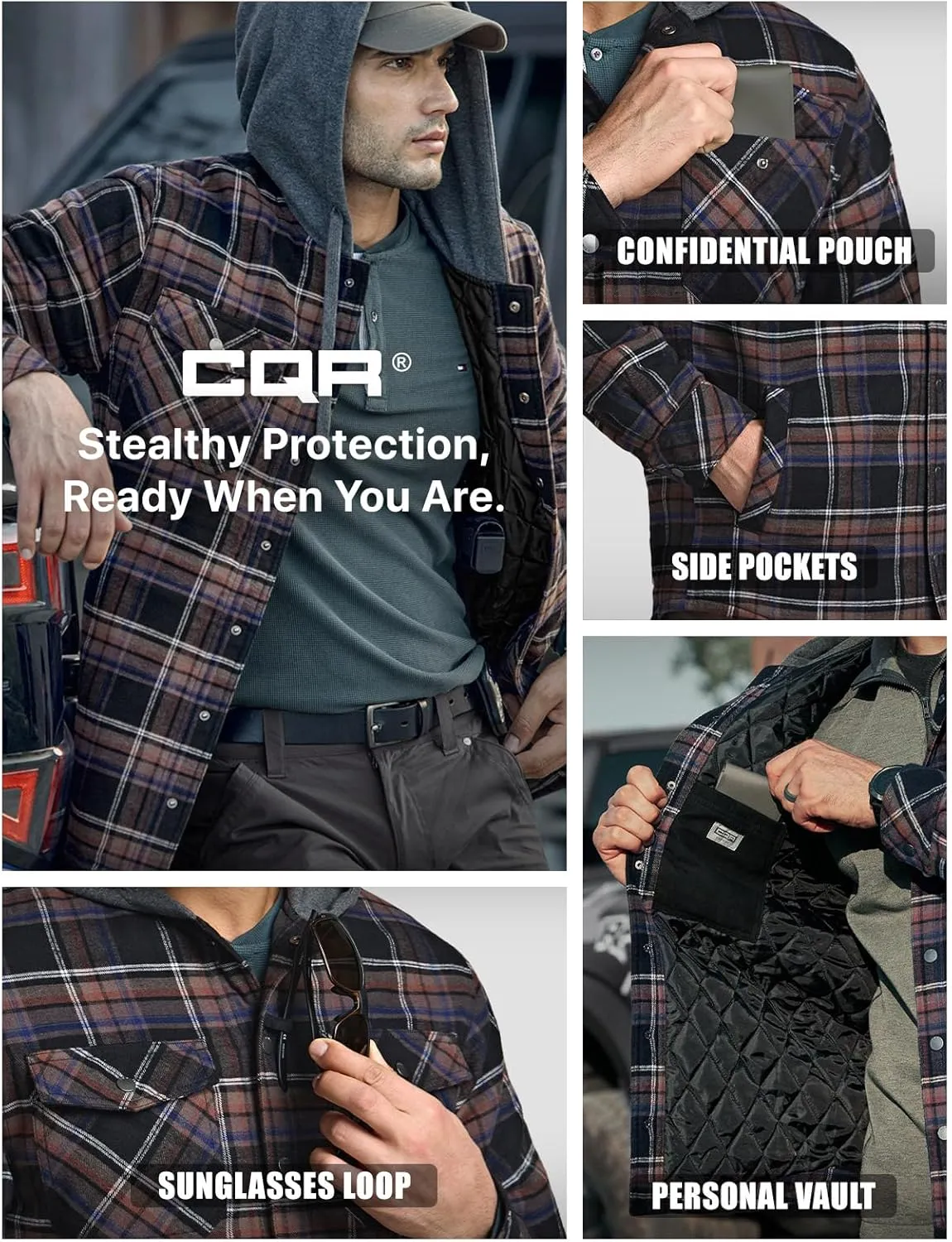 CQR Men's Quilted Lined Flannel Hooded Shirt Jacket, Soft Warm Long Sleeve Outdoor Cotton Plaid Shirt Jackets