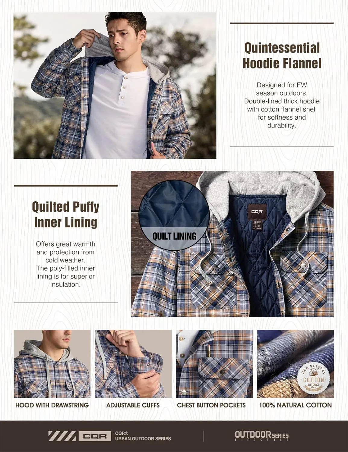CQR Men's Quilted Lined Flannel Hooded Shirt Jacket, Soft Warm Long Sleeve Outdoor Cotton Plaid Shirt Jackets