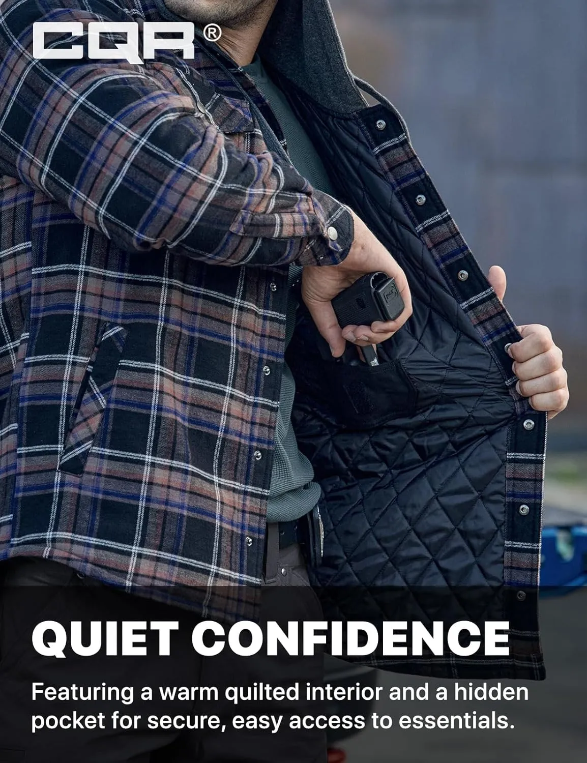 CQR Men's Quilted Lined Flannel Hooded Shirt Jacket, Soft Warm Long Sleeve Outdoor Cotton Plaid Shirt Jackets
