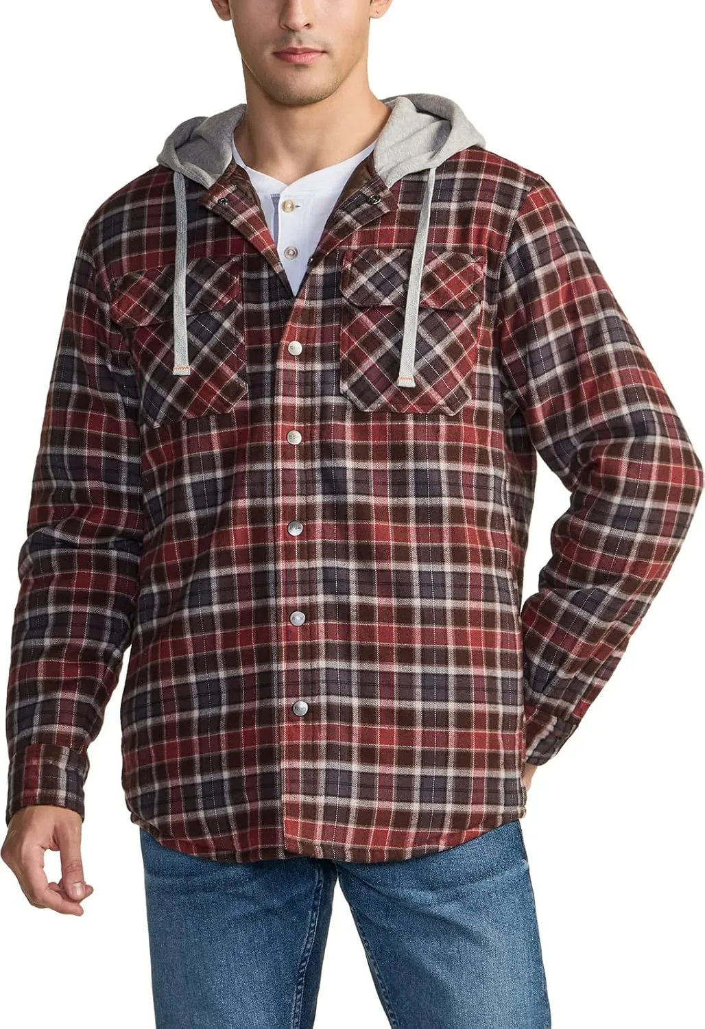 CQR Men's Quilted Lined Flannel Hooded Shirt Jacket, Soft Warm Long Sleeve Outdoor Cotton Plaid Shirt Jackets