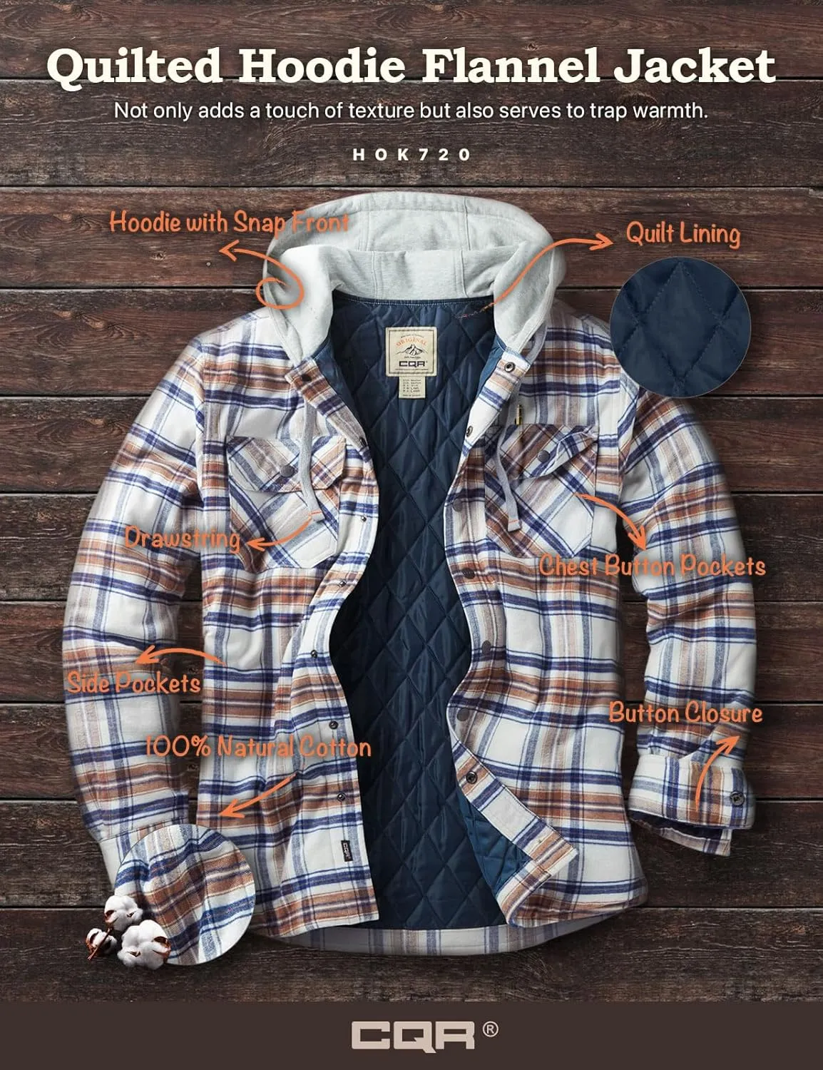 CQR Men's Quilted Lined Flannel Hooded Shirt Jacket, Soft Warm Long Sleeve Outdoor Cotton Plaid Shirt Jackets