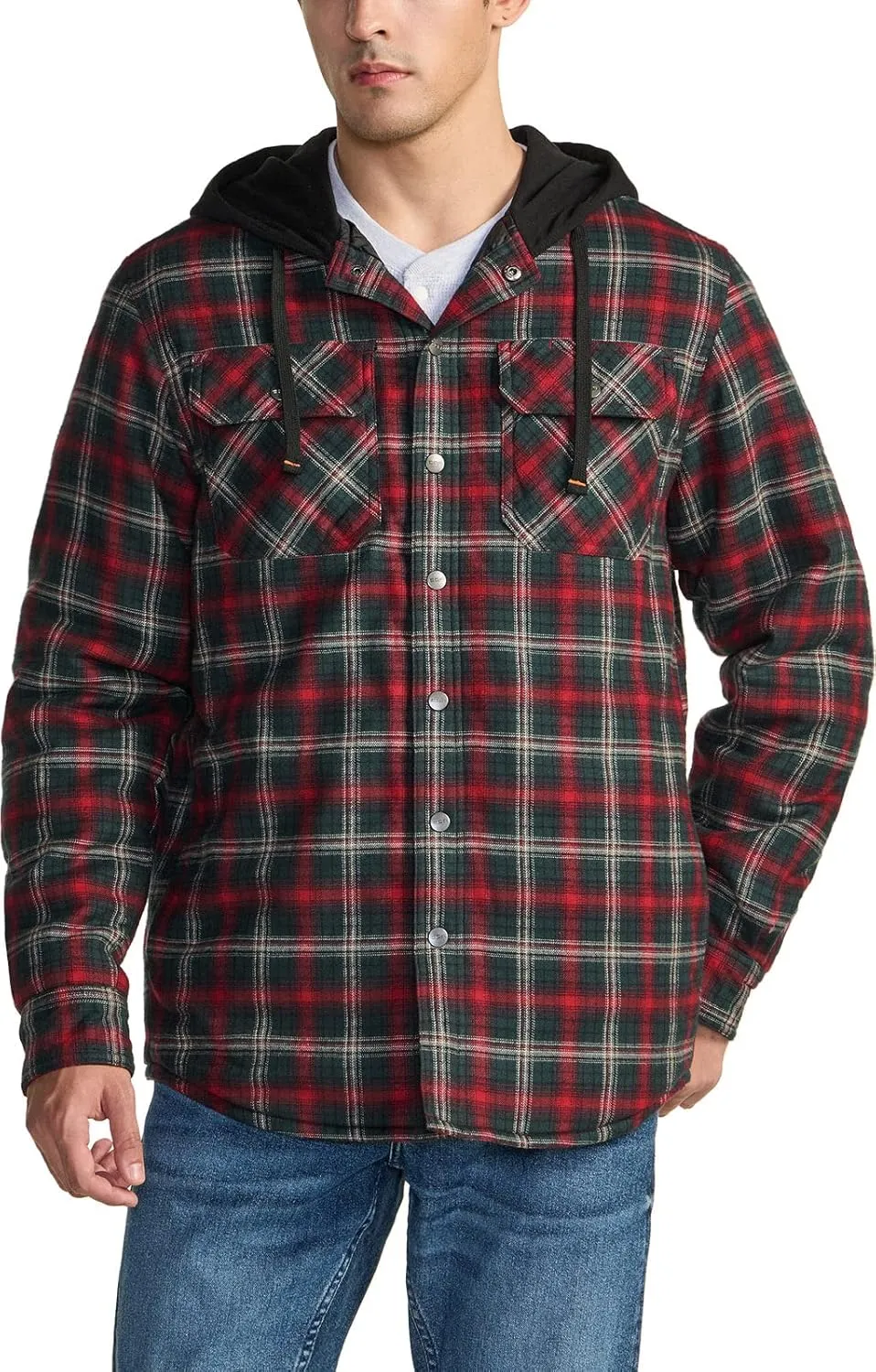 CQR Men's Quilted Lined Flannel Hooded Shirt Jacket, Soft Warm Long Sleeve Outdoor Cotton Plaid Shirt Jackets