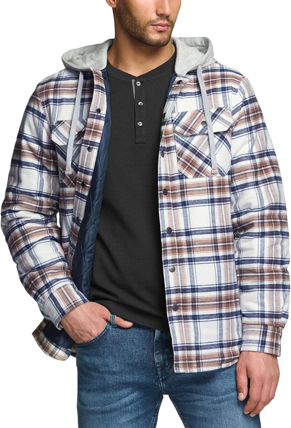 CQR Men's Quilted Lined Flannel Hooded Shirt Jacket, Soft Warm Long Sleeve Outdoor Cotton Plaid Shirt Jackets