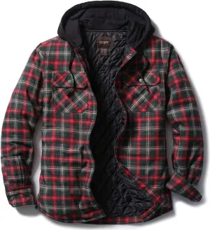 CQR Men's Quilted Lined Flannel Hooded Shirt Jacket, Soft Warm Long Sleeve Outdoor Cotton Plaid Shirt Jackets