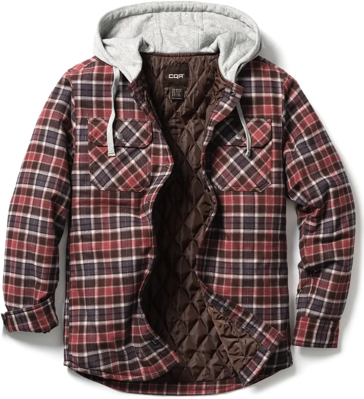 CQR Men's Quilted Lined Flannel Hooded Shirt Jacket, Soft Warm Long Sleeve Outdoor Cotton Plaid Shirt Jackets