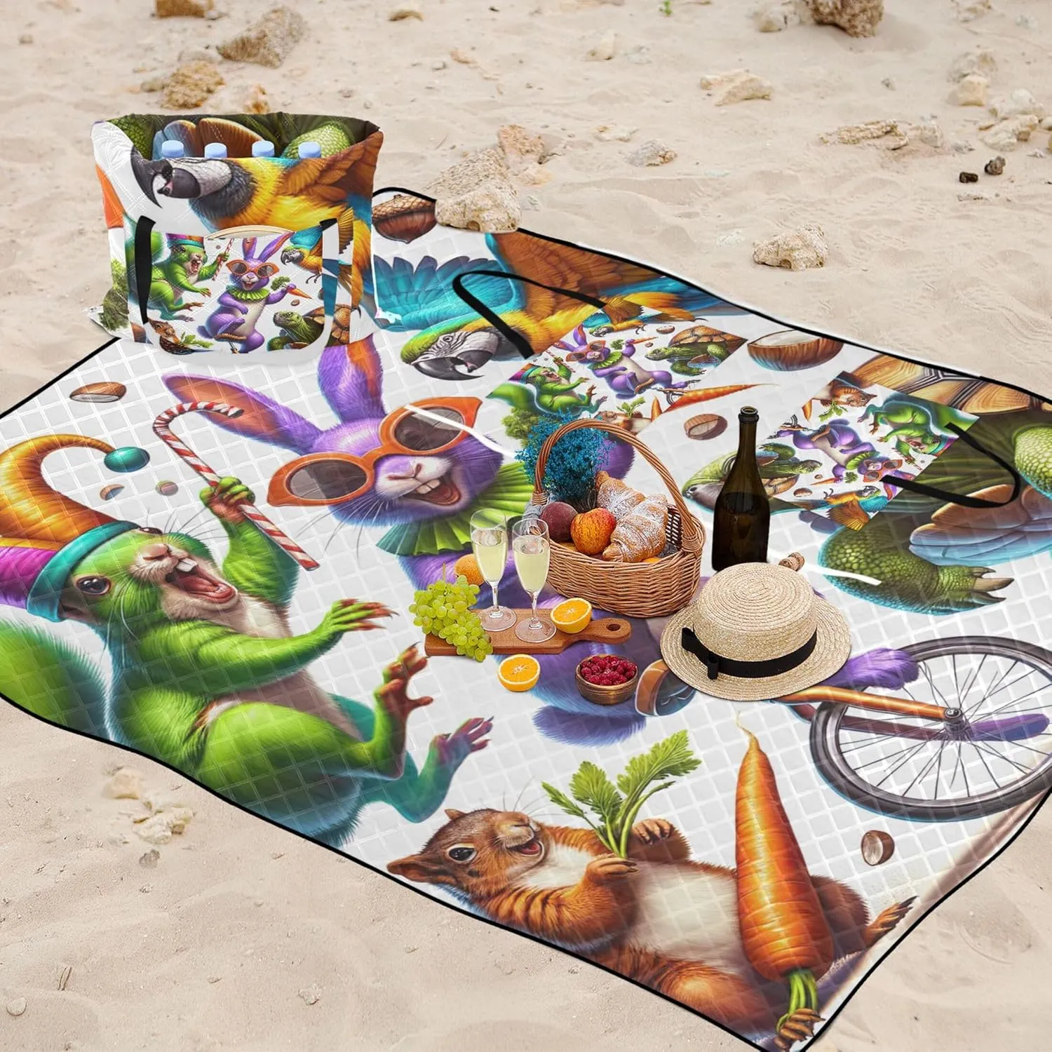 Crazy Funny Animals no Sand Beach Blanket Waterproof, Outdoor Blankets for Grass Cute Picnic Blanket Mat Foldable, 118" x 80"