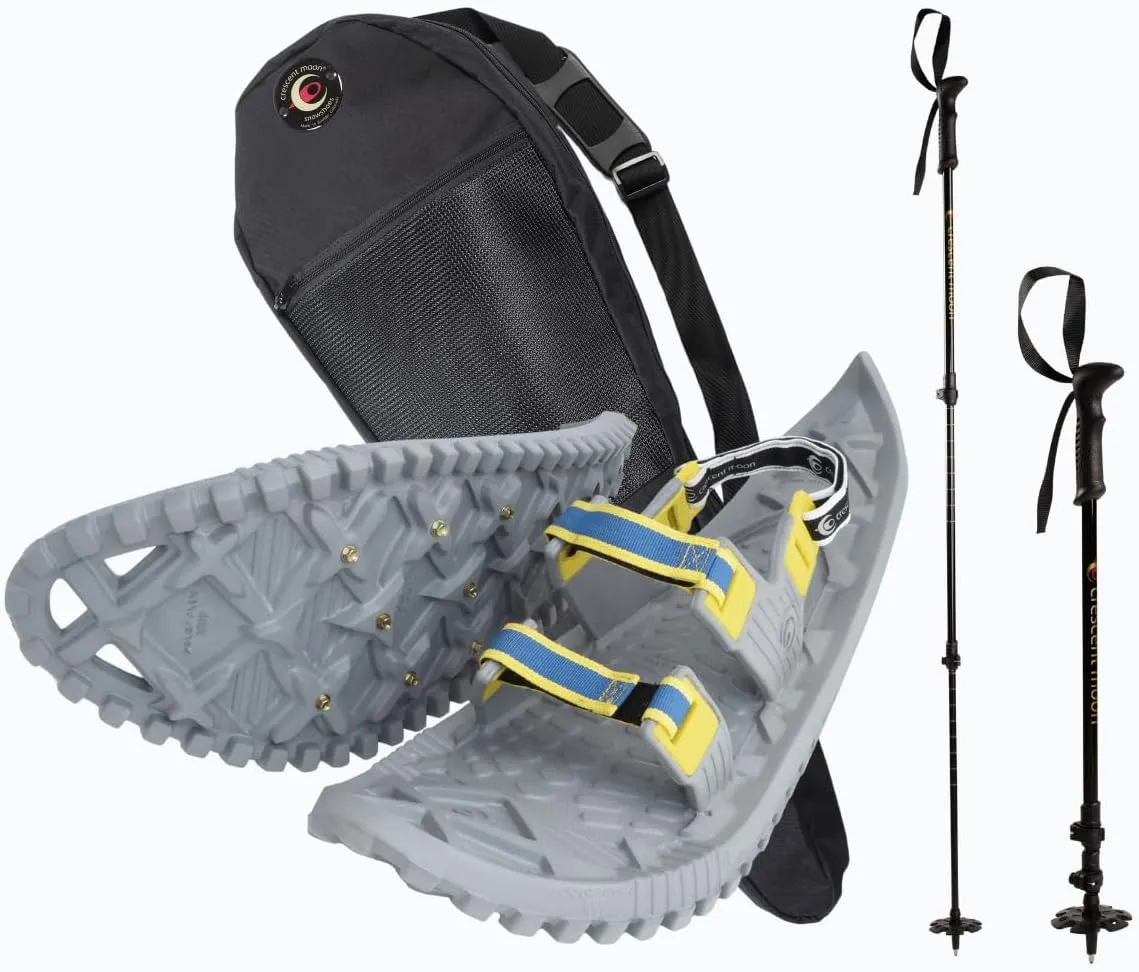 Crescent Moon Eco Eva Unisex Adult Ultralight Biodegradable EVA Foam Snowshoe Bundle for Men, Women and Youth with Rocker Cloud Deck, Ice Spikes & Trekking Poles and Bag