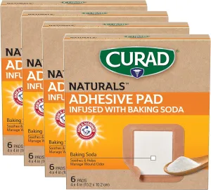 CURAD Naturals ARM & Hammer Baking Soda Adhesive Pads 4" x 4", Individually Wrapped Sterile Bandage, FirstAid Kit Essential, Protects Scrapes and Cuts, Absorbent andSelf-Adhesive, 6-Count-4 Boxes