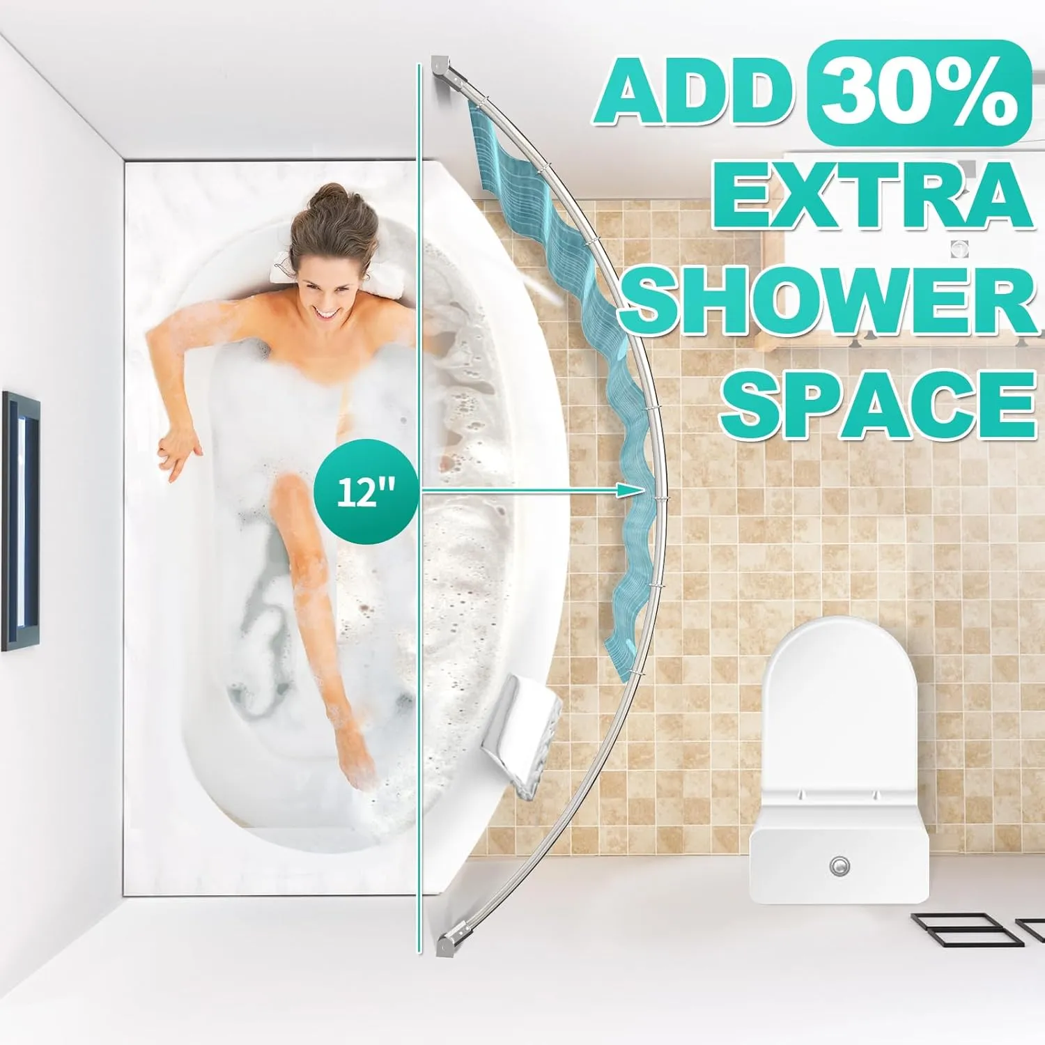 Curved Shower Curtain Rod For Bathroom 38-72 Inches, Adjustable Length, Curved Shower Rod, Metal Rods&Brackets, Round Shower Curtain Rods, Rotate Bracket For Large Shower Space, Need Drilling, Nickle