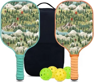 Custom Pickleball Paddles Set with 2 Pickleball Rackets 4 Pickle Balls 1 Carry Bag, Hiking-BJ127 Pattern, Carbon Fiber,Honeycomb Polymer Core & Comfort Grip
