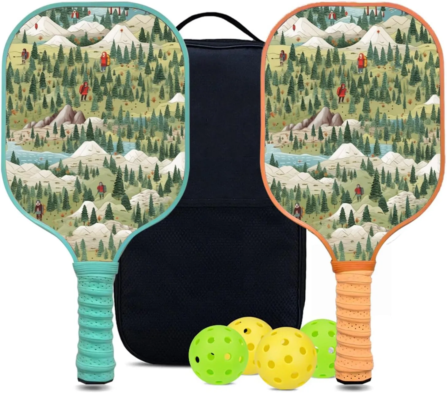 Custom Pickleball Paddles Set with 2 Pickleball Rackets 4 Pickle Balls 1 Carry Bag, Hiking-BJ127 Pattern, Carbon Fiber,Honeycomb Polymer Core & Comfort Grip