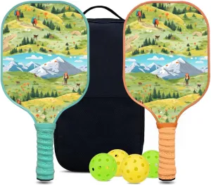 Custom Pickleball Paddles Set with 2 Pickleball Rackets 4 Pickle Balls 1 Carry Bag, Hiking-BJ129 Pattern, Carbon Fiber,Honeycomb Polymer Core & Comfort Grip