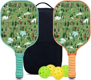 Custom Pickleball Paddles Set with 2 Pickleball Rackets 4 Pickle Balls 1 Carry Bag, Hiking-BJ133 Pattern, Carbon Fiber,Honeycomb Polymer Core & Comfort Grip