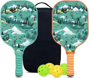 Custom Pickleball Paddles Set with 2 Pickleball Rackets 4 Pickle Balls 1 Carry Bag, Hiking-BJ139 Pattern, Carbon Fiber,Honeycomb Polymer Core & Comfort Grip